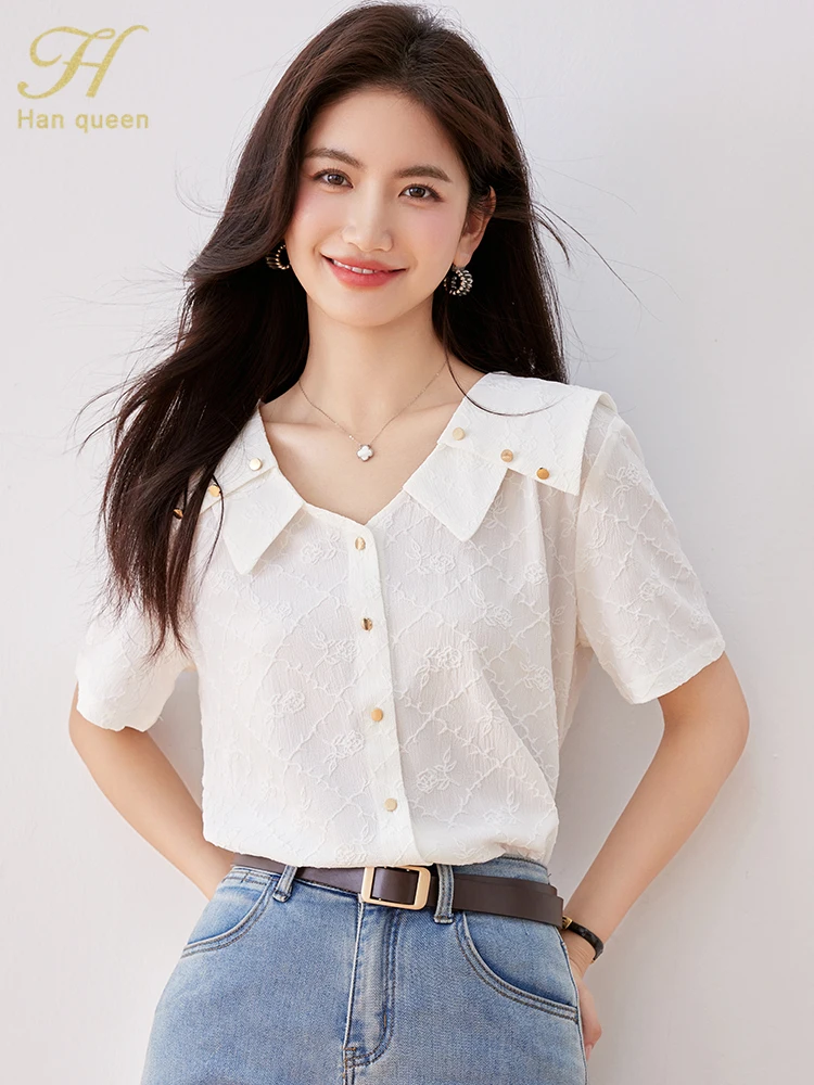 

H Han Queen Fashion Jacquard Chiffon Vintage Office Blouse Summer Shirt Simple Top Short Sleeve Casual White Loose Women Blouses