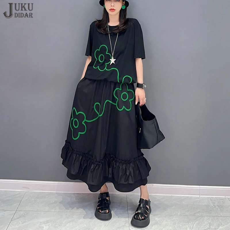 Flowers Embroidery New Korean Style Woman Two Piece Set Black Oversized Tee Shirt And Calf Length Skirt Loose Fit Outfit JJSE029