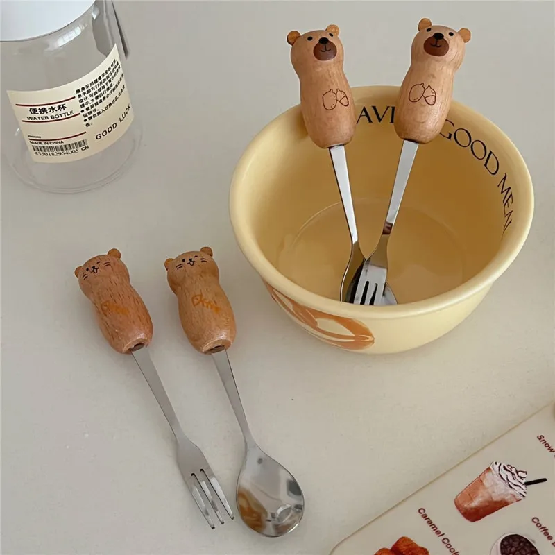 Cute Cartoon Little Bear Fruit Fork and Spoon Suit Solid Wood Handle Stainless Steel Pastry Fork Coffee Spoon Kid Gift