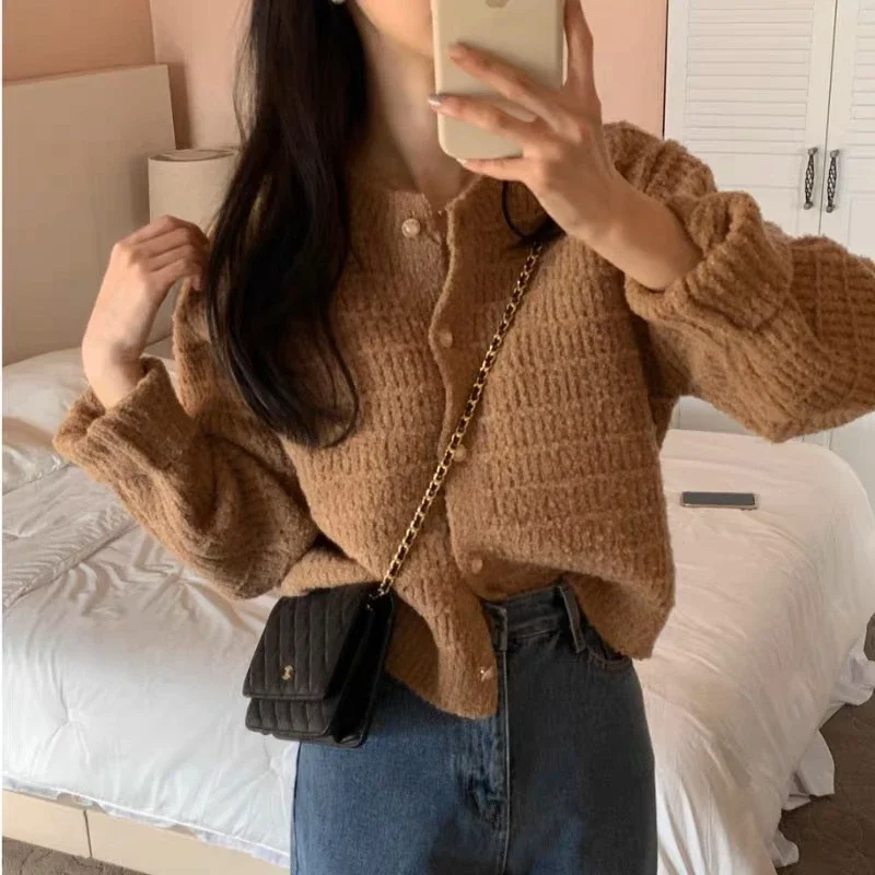 New Fashion Women's Small Fragrant Wind Cardigan Knitted Sweater Single-breasted Round Neck Women's Long-sleeved Jacket