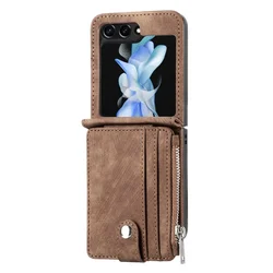 Faux Leather Wallet Phone Case with Removable Card Holder for Galaxy Z Flip 4 (Brown)