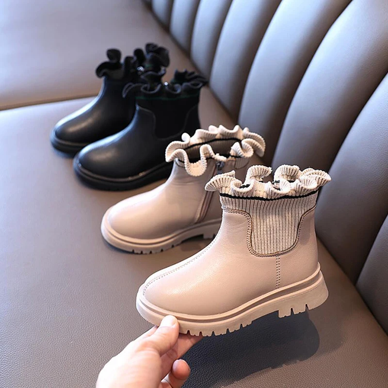 

Winter Girls Leather Ruffles Chelse Ankle Boots Fashion Toddler Baby Girls Low Heels Sock Boots Kids Short Boots 2-12 Years New