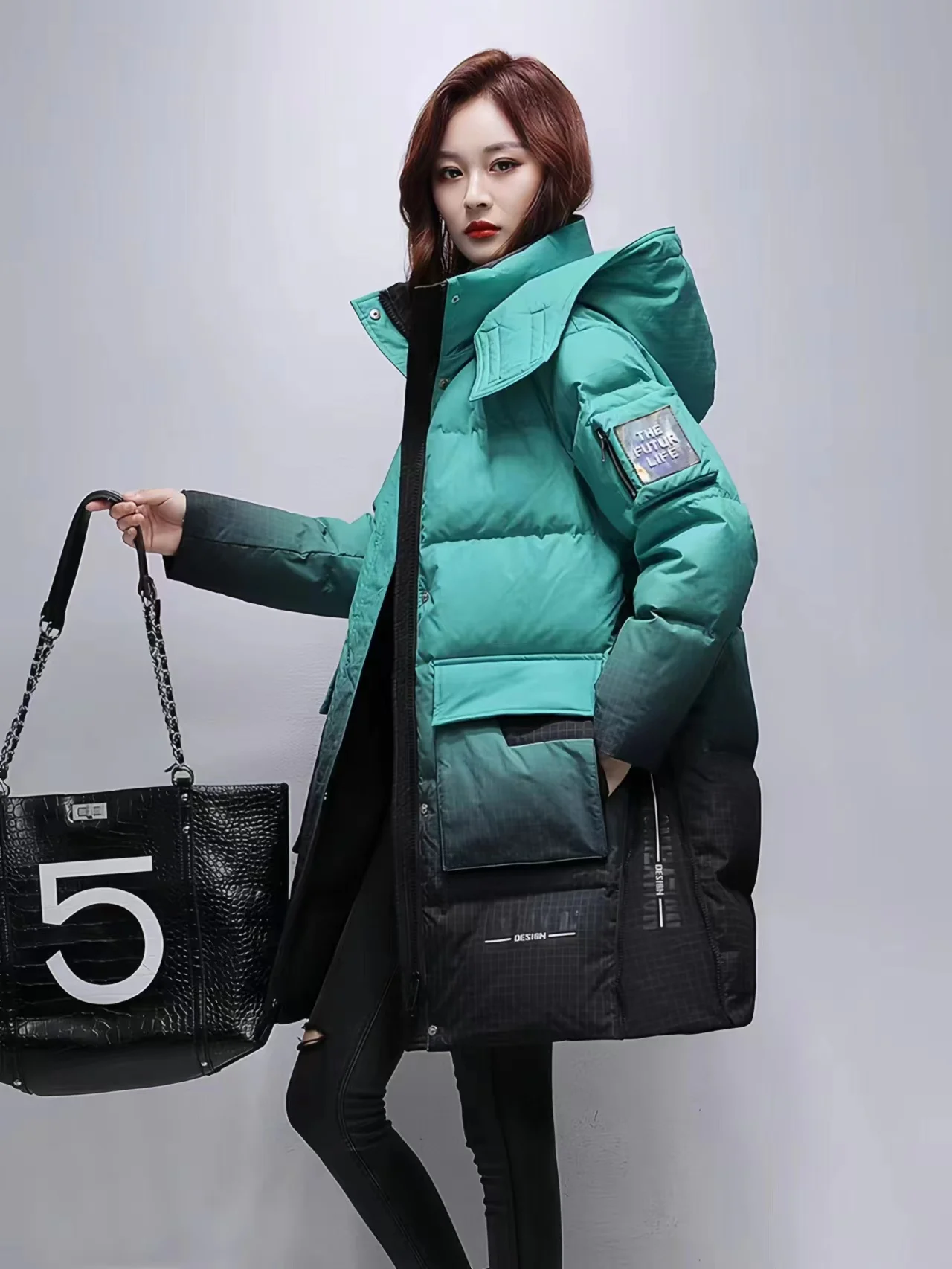 Women's Gradient Color Hooded Coat, 90% White Duck Down Jacket, Casual Parkas, Oversize Female Clothing, New Fashion, Winter
