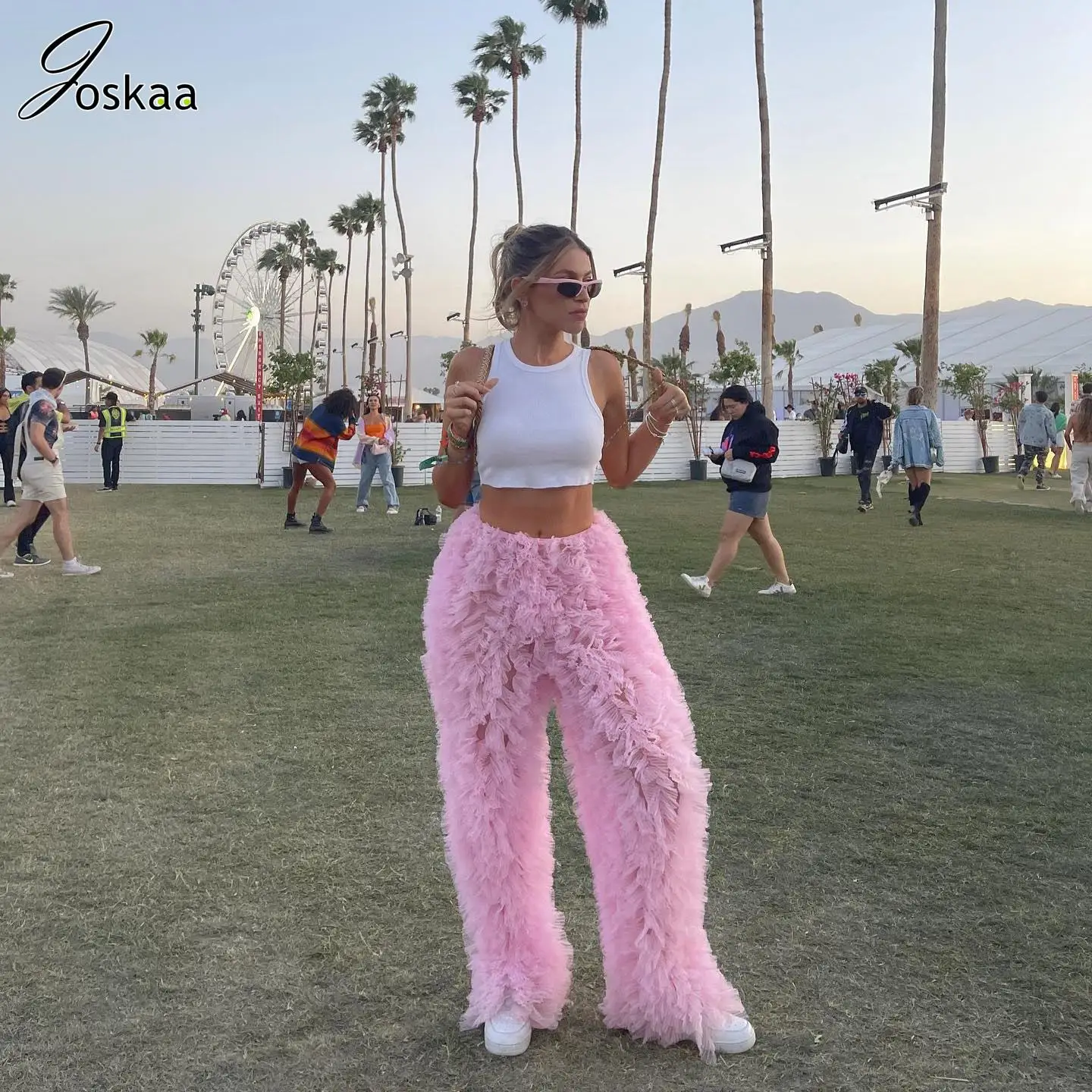

Joskaa Feather Fluffy Wide Leg Pants Women Fashion High Waist Straight Trousers Summer 2023 Casual Female Bottoms Streetwear