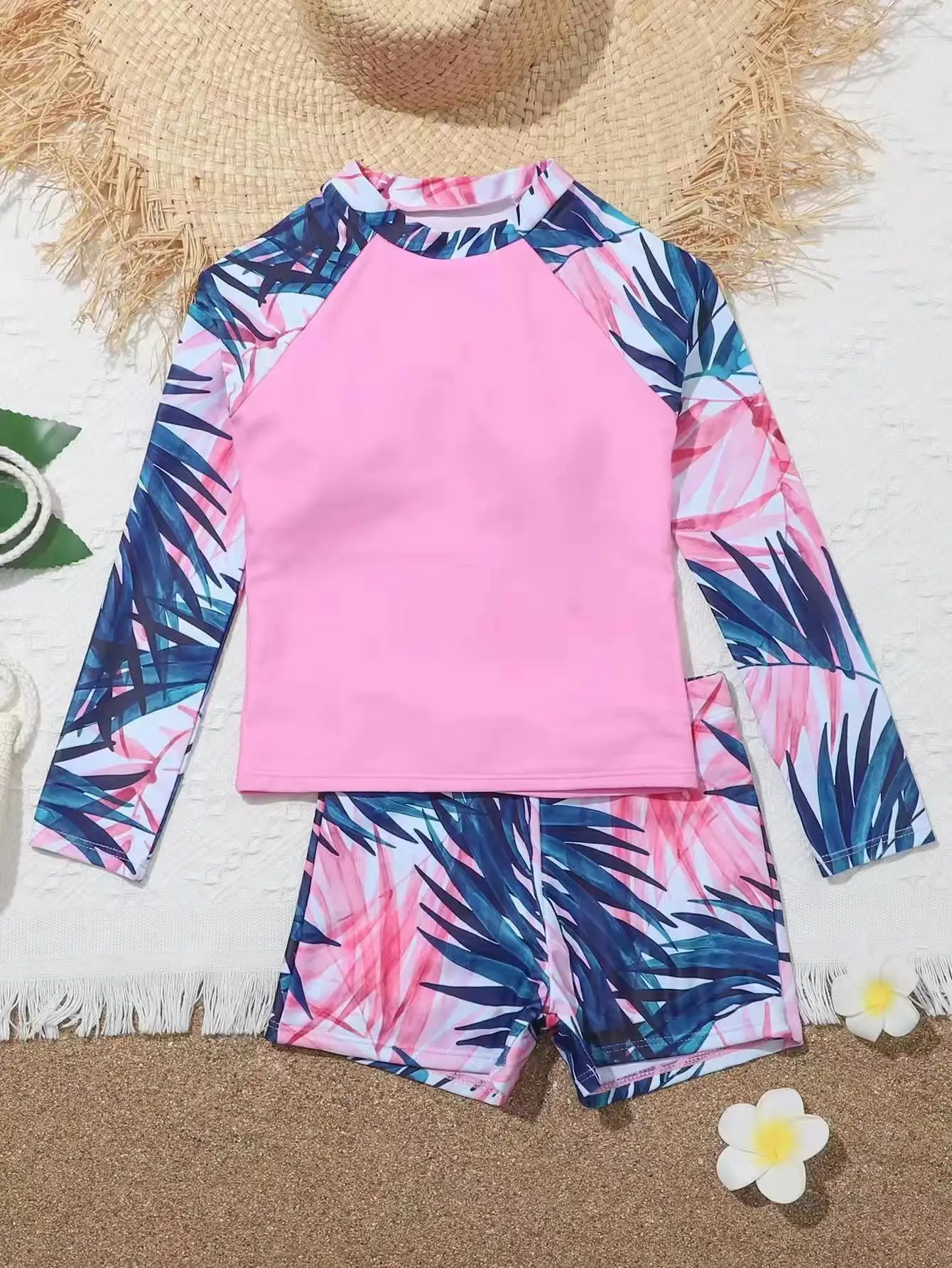 Girls Swimwear Girls One Piece Swimsuit Girl Swimsuit New Pink Print Long Sleeve Children Swimwear Summer Kids Beach Wear Shorts Swimming Bathing Suit For Girls