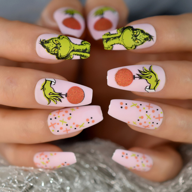 Grinch Pattern Fake Nails Glitter Press On Fake Nails Medium Coffin Nails Pink Color Colorful Daily Wear