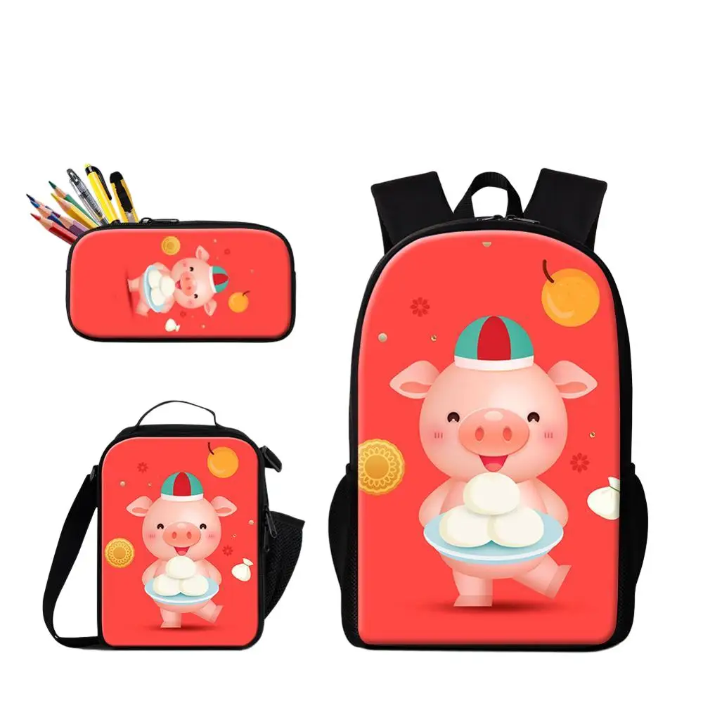 3PCS Student Daily Use Backpack With Food Lunchbox Pencil Case Cartoon Pig Printing Primary Student School Bag Girl 600D Bookbag