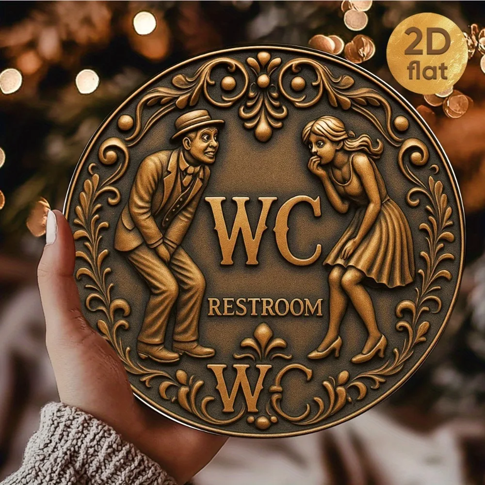2D 틴 사인 원형 WC 화장실 철판 사인 공예품, 욕실/화장실 벽 장식, 빈티지..