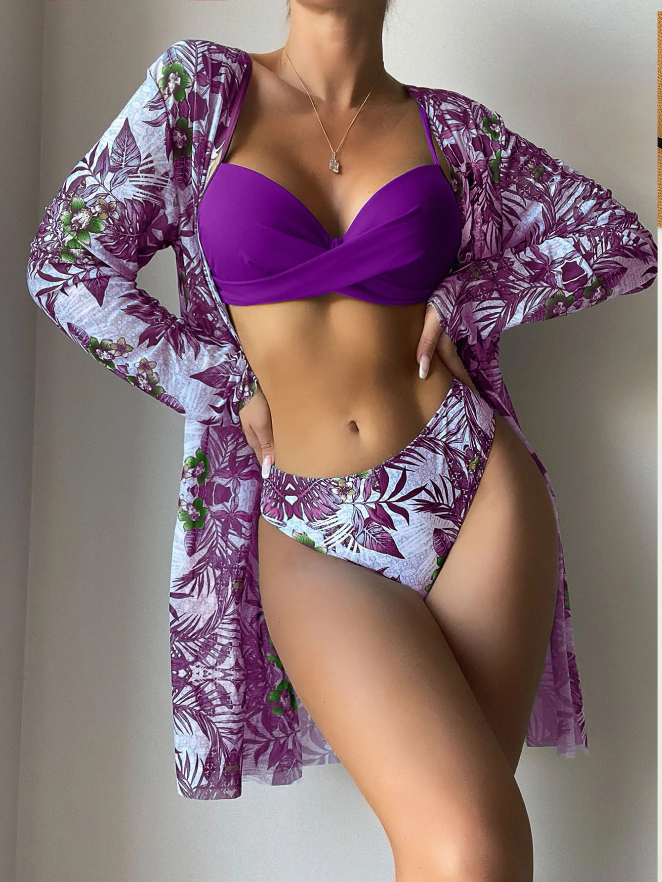 

Sexy 3PCS Bikini Set Swimwuit Cover Up Women Tropical Leaves Print Push Up High Waist Biquiqni Long Sleeve Swimsuit Beachwear