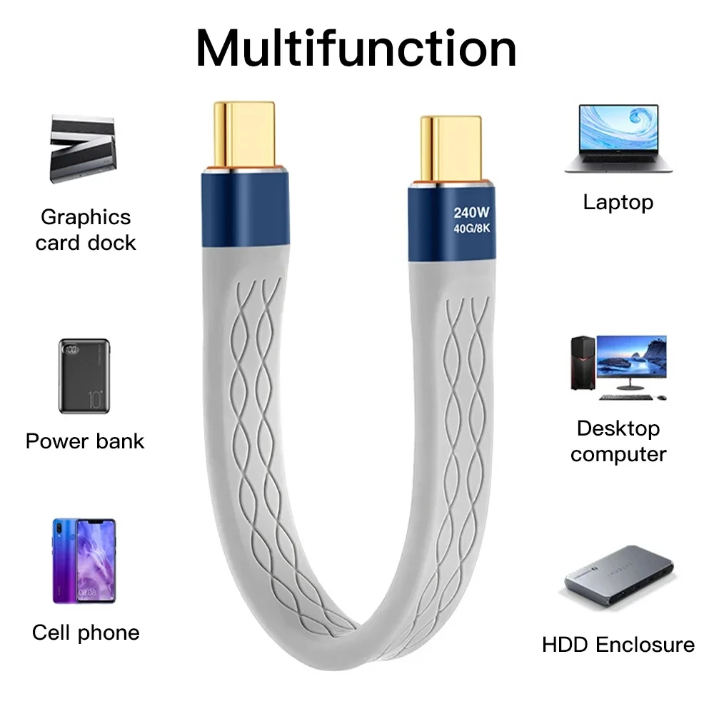 Type C Cable 240W 40GB Short USB C to USB C Cable Fast Charging 40Gbps Data Transfer 8K Flat Data Charge Extension Cable