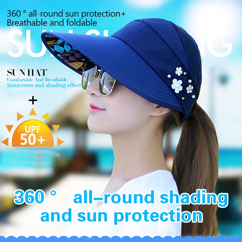 Summer Outdoor Wide Brim Casual Cap UV Protection Beach Sun Visor Adjustable Empty Top Breathable Hat Foldable Sun Hat