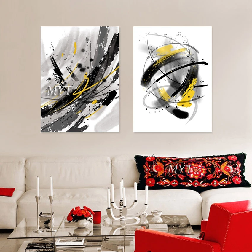 

2pcs Modern Abstract Canvas Art Study Room Wall Paintings Unframed Black Yellow Line Texture Design Home Decoration Picture