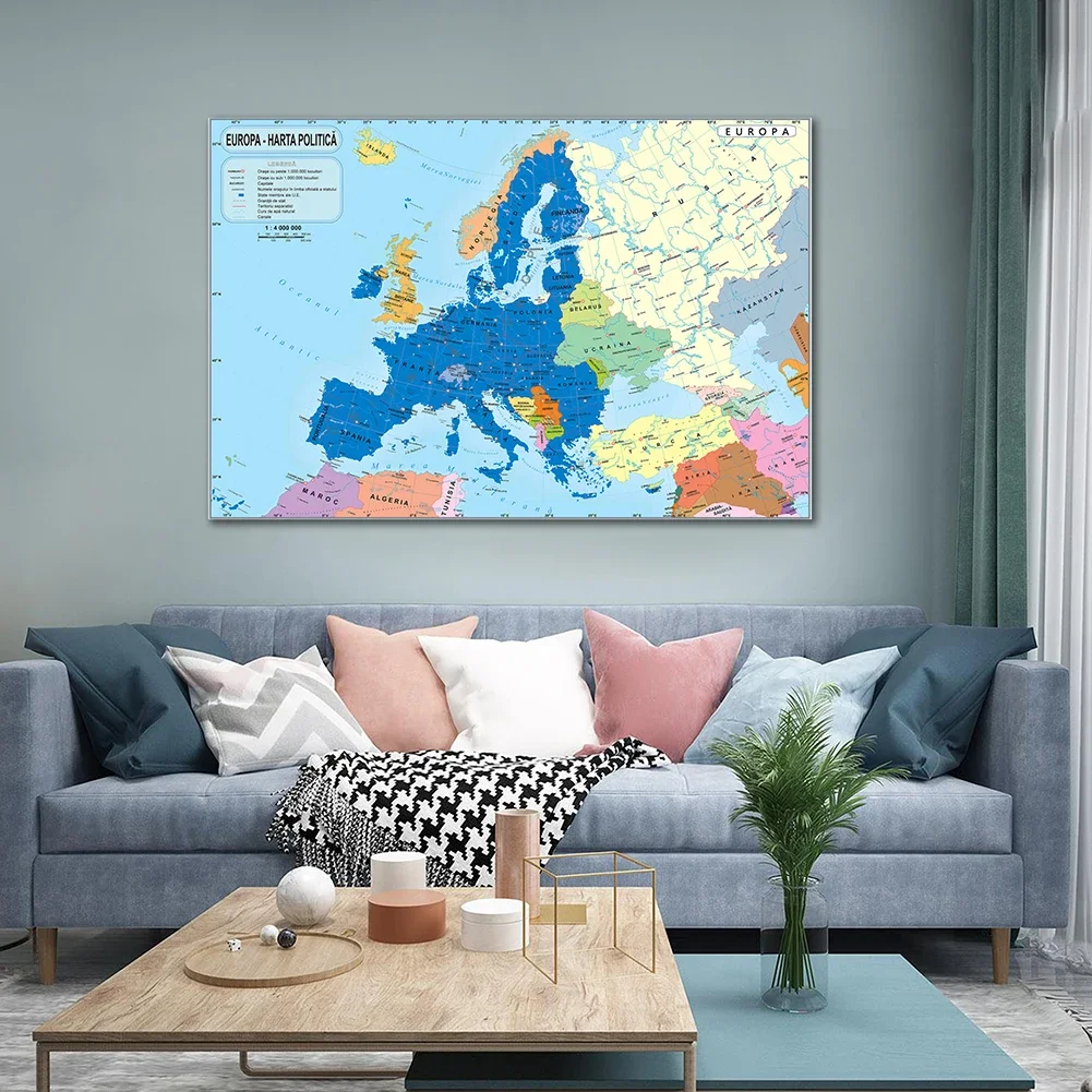 Europe Map Romanian Non-woven Canvas Wallpaper Wall Art Large Poster 150*100cm