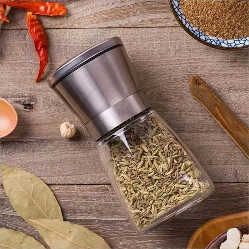 Manual Salt and Pepper Shakers Set With Stand Stainless Steel Salt Pepper Mill Manual Spice Pepper Grinder Home BBQ Mill Set