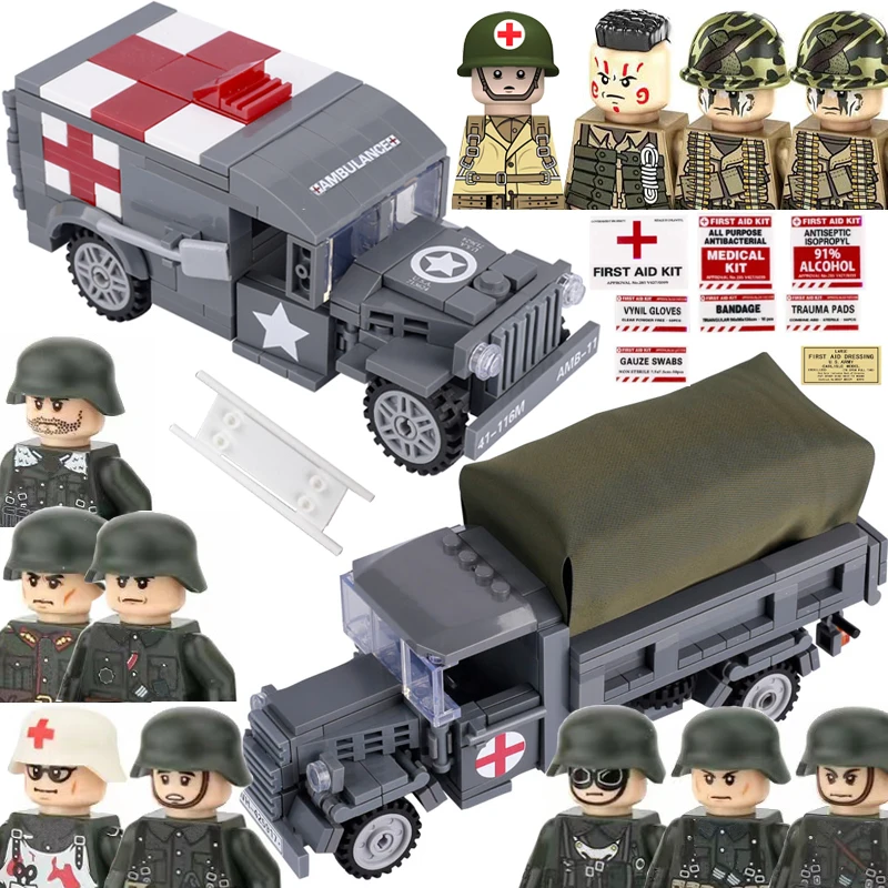 

Military Mini Car Model Building Blocks WW2 German Soldier Truck US WC54 Medical Vehicle Doctor Figures Army Ambulance Kids Toys