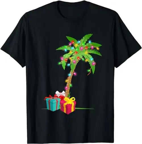 Christmas Palm Tree Coconut Lights Beach Hawaii Regali Di Natale T-Shirt, Felpa, Felpa Con Cappuccio 34754