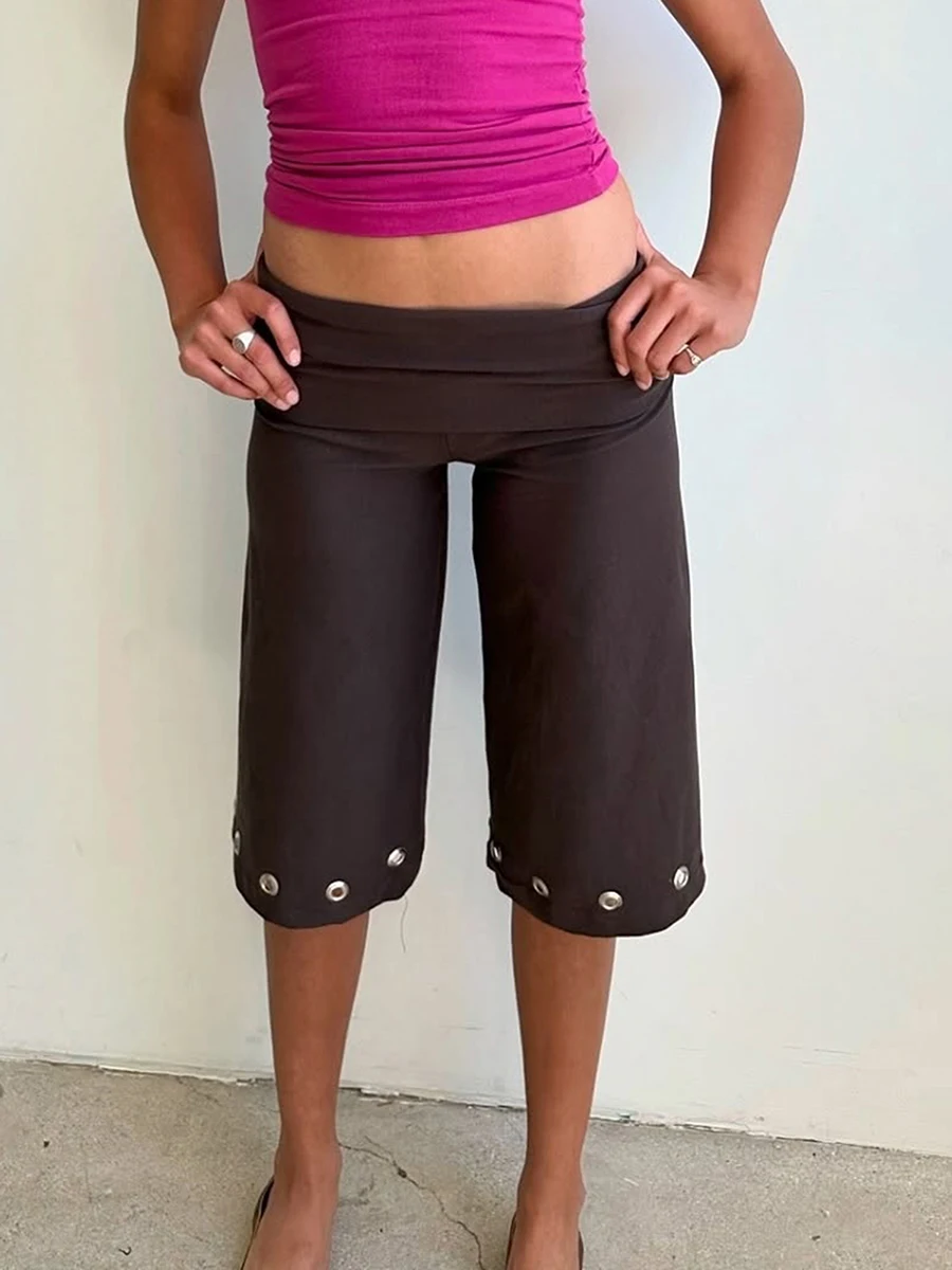 Women Capris Pants Summer Elastic Waist Solid Color Eyelets Casual Short Trousers Streetwear for Daily - 3