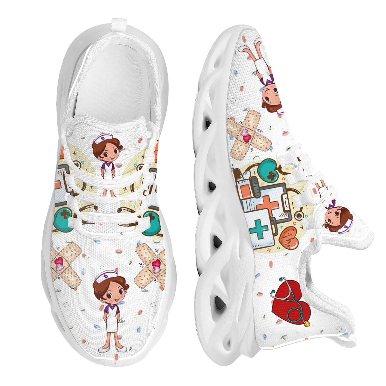 

INSTANTARTS Brand Design Women Sneakers White Nursing Shoes Cute Cartoon Nurse Doctor Medical Print Light Lace-up Flats Footwear