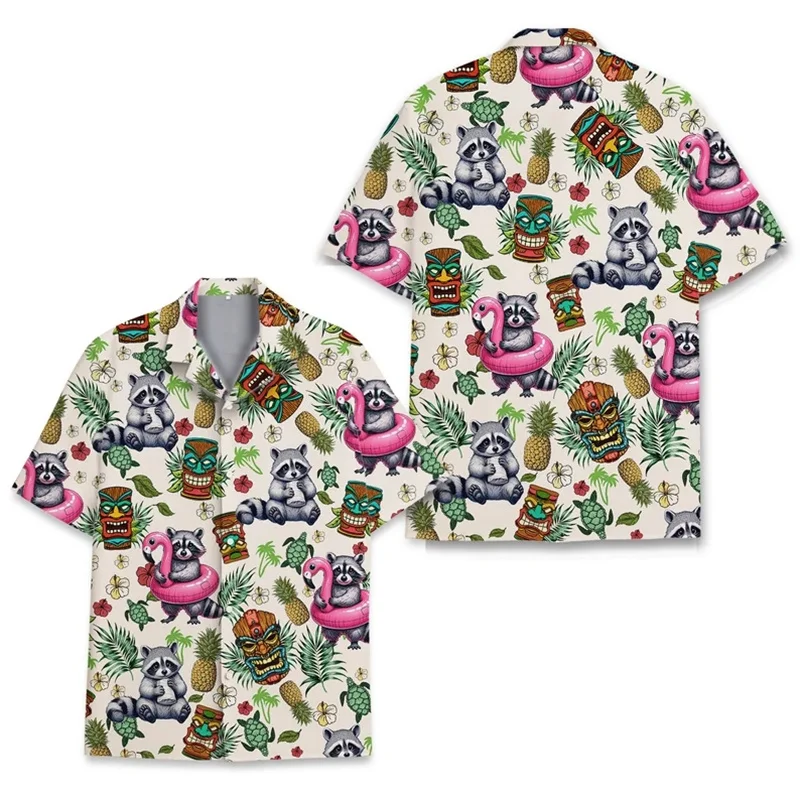 thumbnail image 1 of Camisetas hawaianas divertidas con estampado 3D de mapache, manga corta, sueltas y transpirables, estilo polinesio Tiki, para fiestas en la playa, para mujeres y niños, 1 of 5