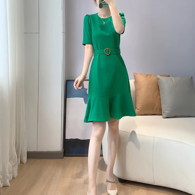 

Green Belted Waist Short Sleeves Mini Dress UK 6-UK 14