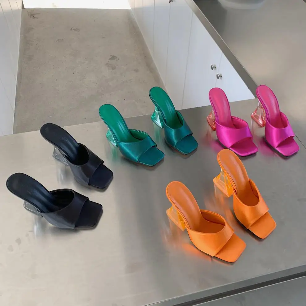 2022 Summer Luxury Women PVC Transparent Heels Slippers 8cm Crystal High Heels Slides Green Orange Peep Toe Slip on Slides Shoes