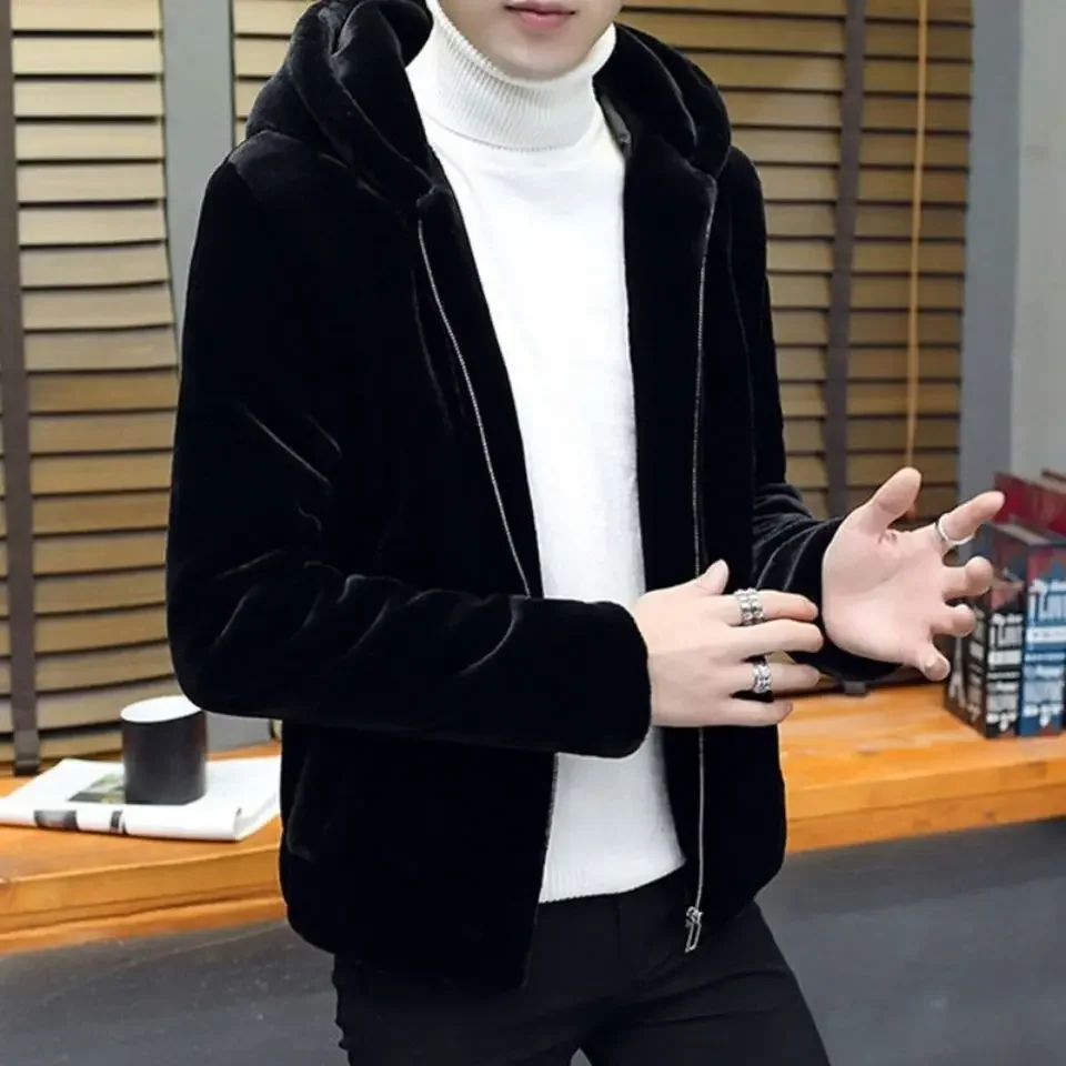 두꺼운 겨울 인조 모피 재킷, 크롭 후드 스탠드 칼라, 스퀘어 칼라, 남성용 루즈 패션 오버코트