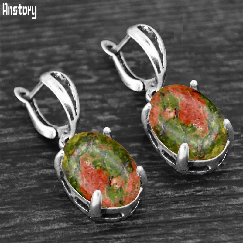 Pendant Earrings Vintage Natural Quartz Jades Amethysts Claw Antique Silver Plated Stone Unakite Women Jewelry