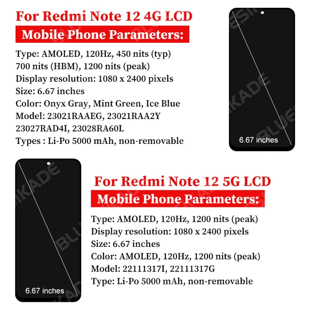 For Xiaomi Redmi Note 12 4G Display Lcd Touch Screen 23021RAA2Y 5G 22111317I