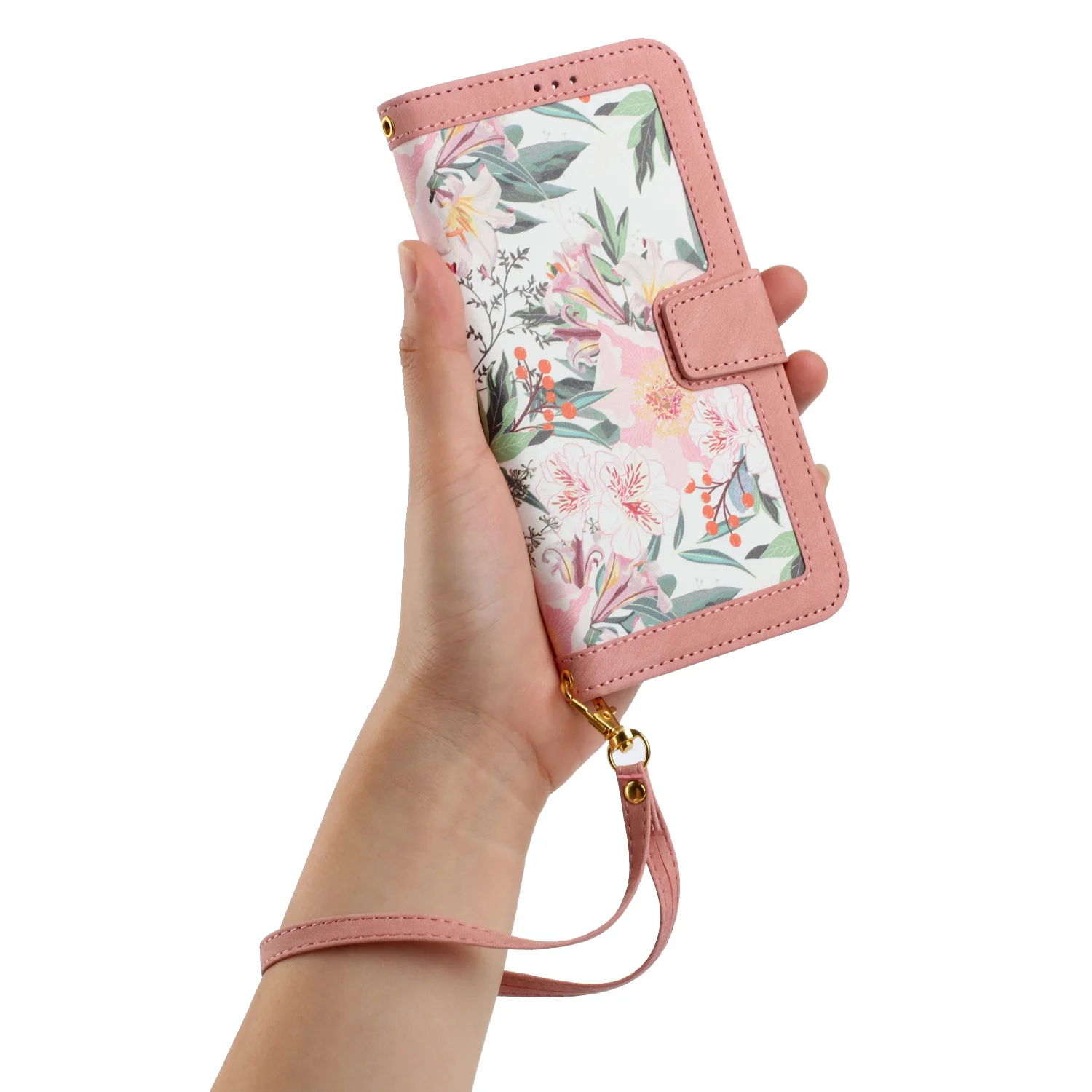 Elegant Flower Pattern Leather Flip Wallet Case with Magnetic Clasp and Wrist Strap