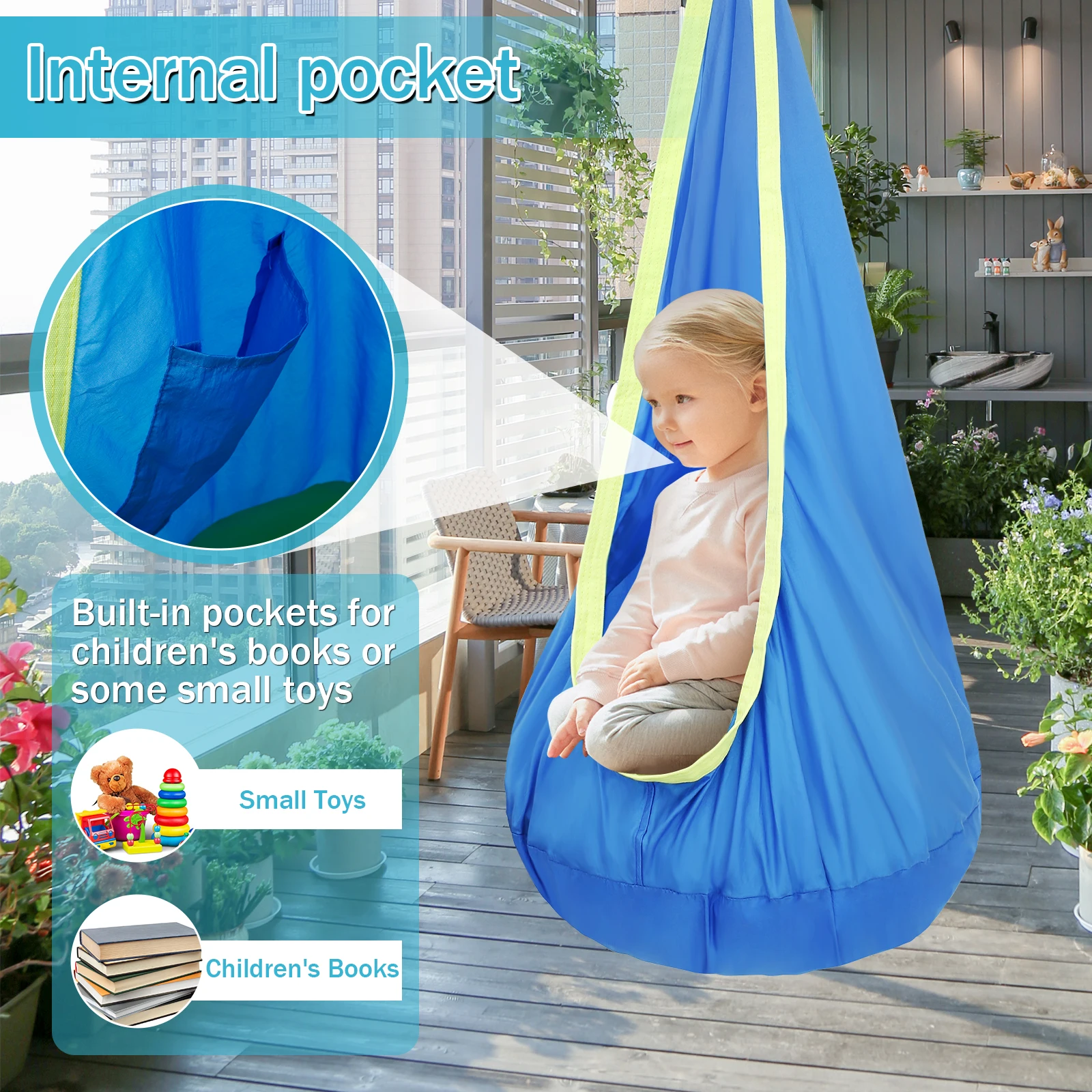 Kids Pod Swing Seat Hanging Hammock Chair with Inflatable Pillow & Pocket Comfortable Sensory Swing Max 200kg for Indoor Outdoor