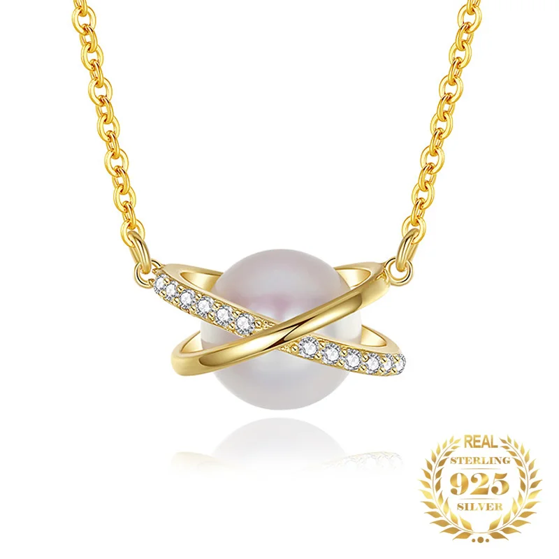 

Fashion Planet Design 925 Sterling Silver Zircon Cross Shell Pearl Necklace Women Jewelry 2022