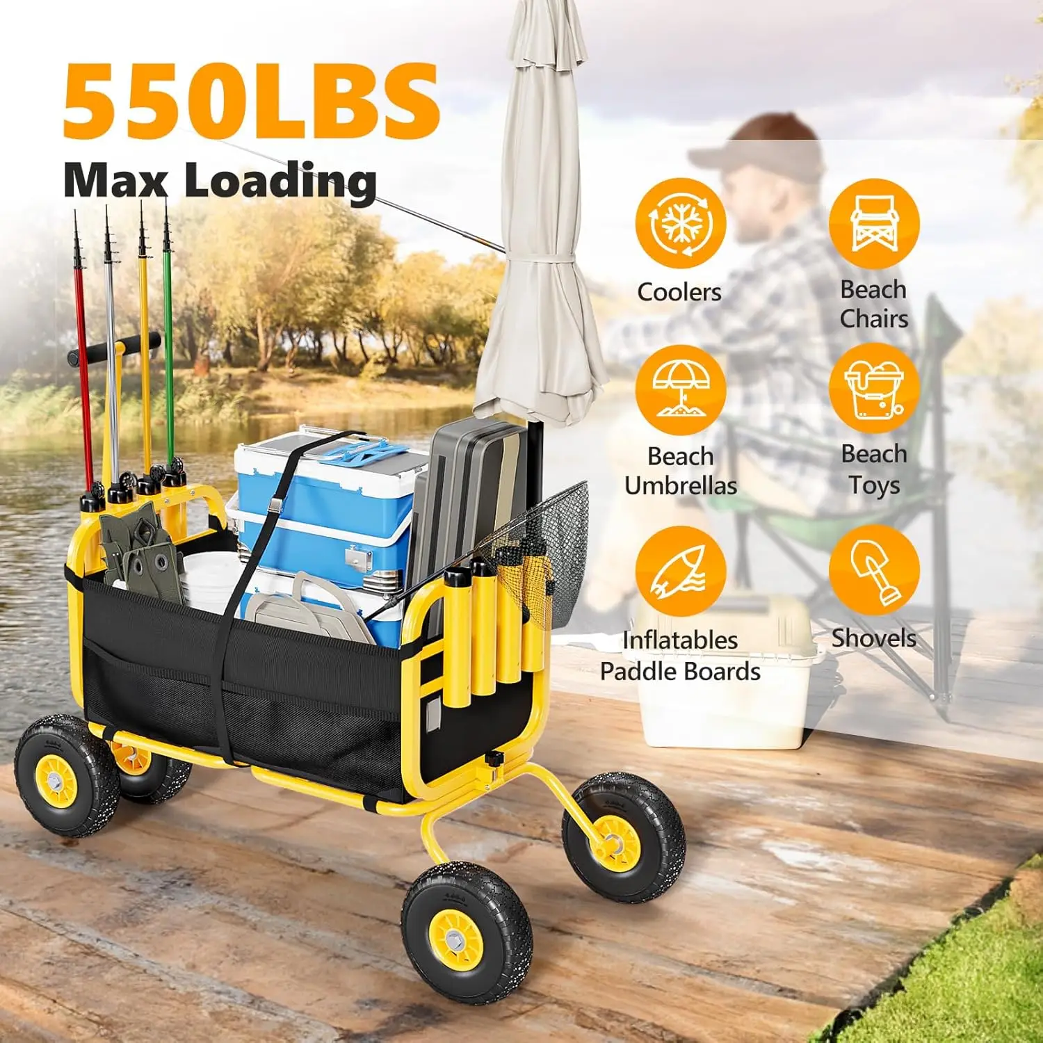 Foldable Trolley with 11" Airless Tires, Beach Trailer with Large Cargo Basket, 550 lbs Load Capacity, 8 Fishing Rod Holders