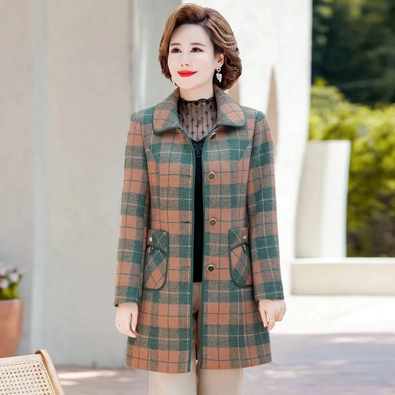 

Middle Aged Mother's Woolen Plaid Trench Coat Spring Autumn Large Size Fashion High End Wool Jacket Women Elegant Long Overcoat
