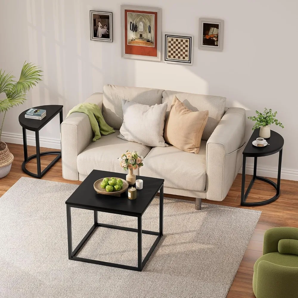 3pcs Set, Modern Living Room with 2 End Tables, Small with Metal Frame for Home Apartment, Black, Café Tables 6