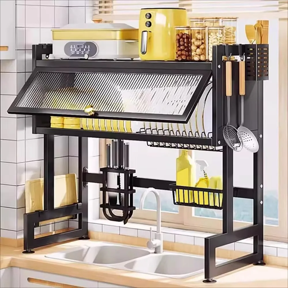 Kitchen Dish Rack Over The Sink Drying Shelf Adjustable Dustproof Cabinet Stainless Steel Kitchenware Shelves Closet Organizer 3