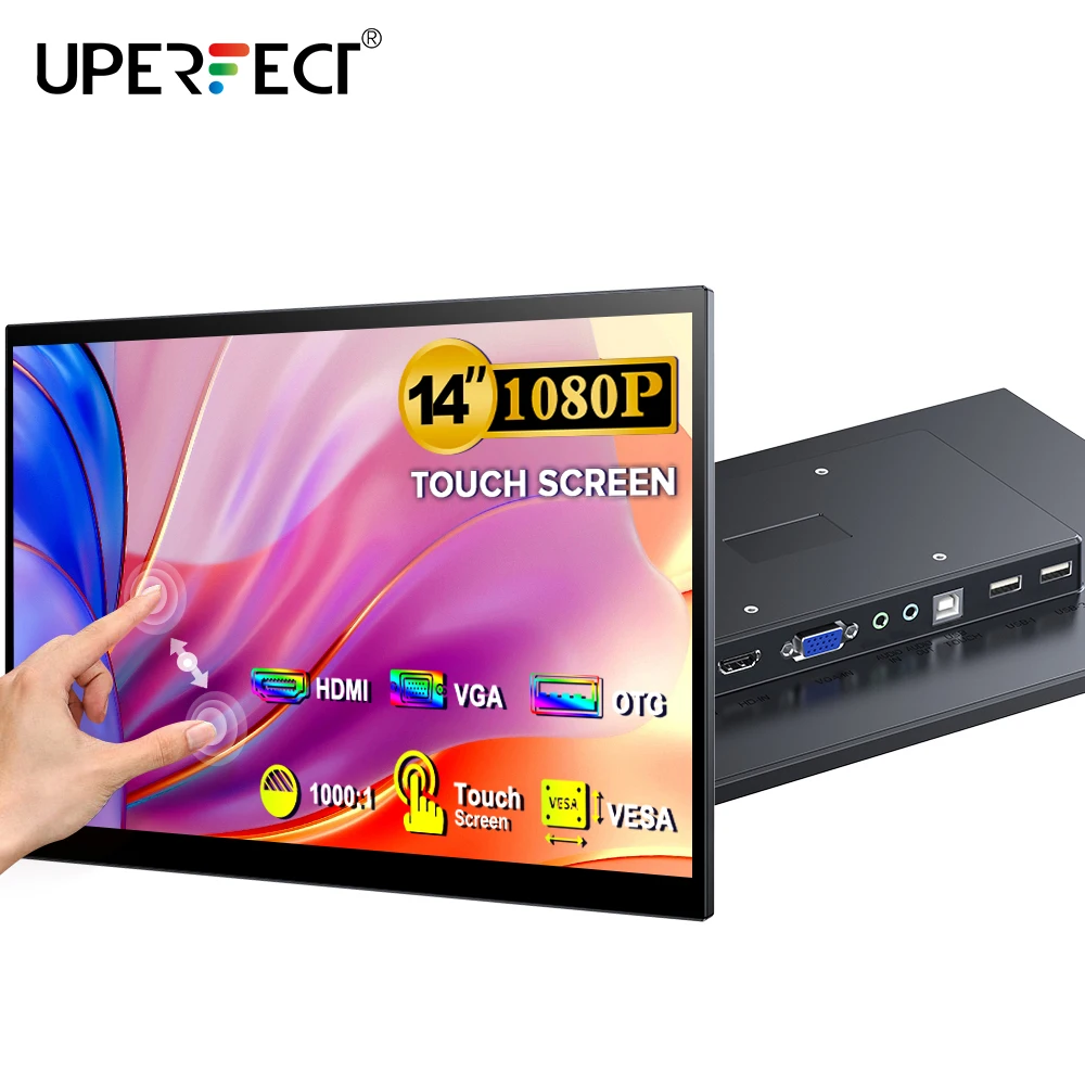 UPERFECT-Moniteur à écran tactile portable 14 pouces, FHD 1080P IPS, avec  HDMI VGA VESA LCD, pour ordinateur portable Raspberry Pi 4