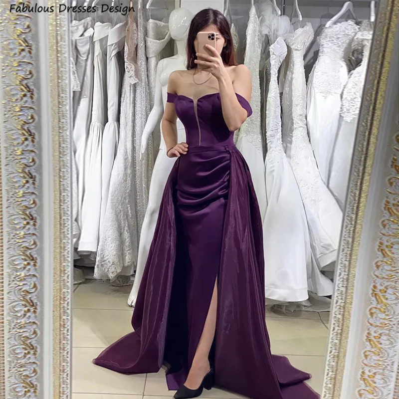 

Purple Off Shoulder Bridesmaid Dresses Long Mermaid With Slit Detachable Train Wedding Party Dress Women Backless Prom Gown