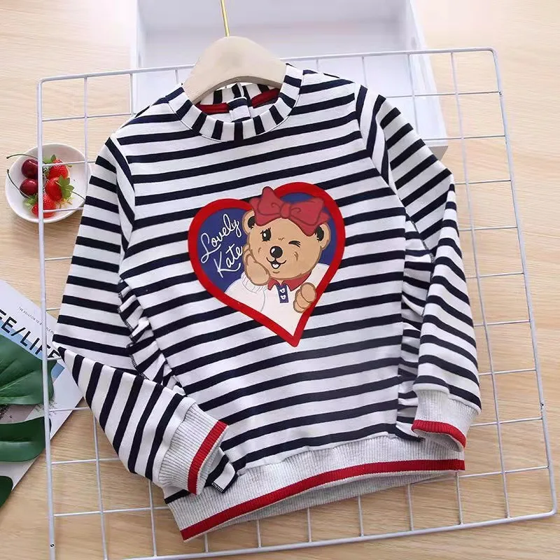 

Striped Print Bear Sweet Casual Hoodies Girl Kids Clothes Full Sleeves Loose Sweatshirt Tops Family Matching Outfits
