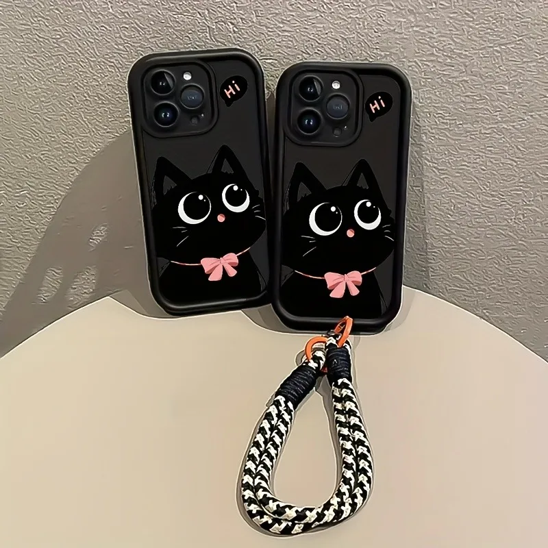 Charming Black Cat Silicone Phone Case with Hang Strap - Soft Protective Cover