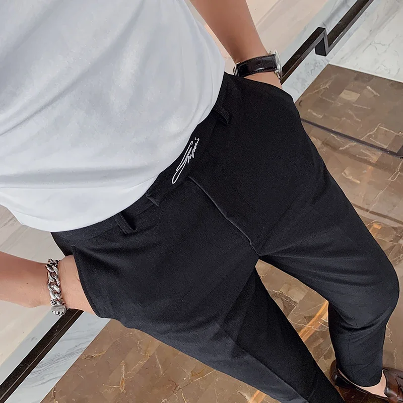 Black White Embroidered Business Formal Pants Men Korean Style Slim Office Social Suit Pants High Quality Streetwear Ankle Pants 3