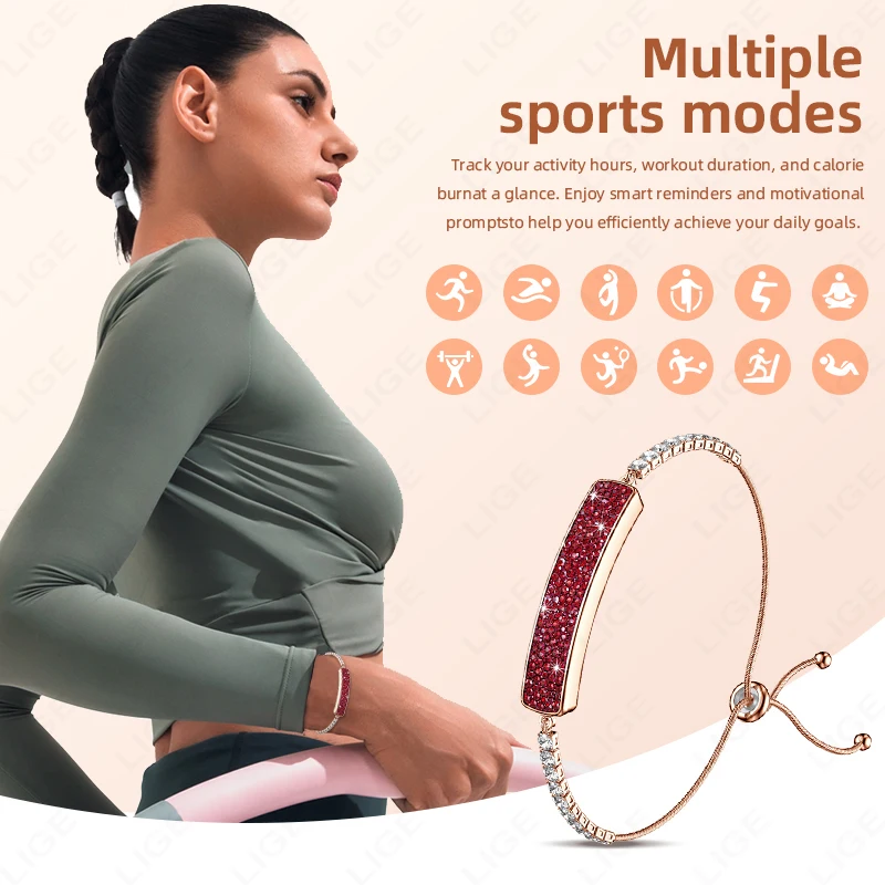 LIGE Ladies Smart Band 5ATM Waterproof Smartwatch Women Health Monitor Sports Fitness Pedometer Diamond Jewellery Bracelet Gifts