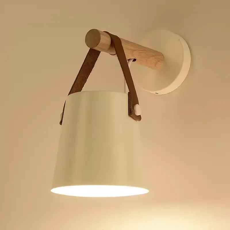 LED Bedside Wall Lamp Nordic Wood Leather Belt Hanging Sconces for Bedroom Study Living Room Modern Home Indoor Decorative Light 6