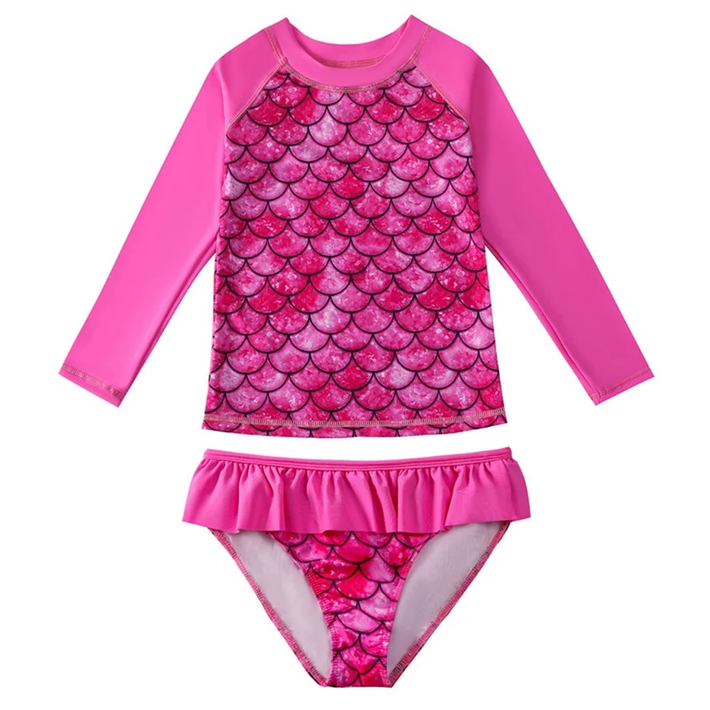 Children Swimsuit Girls' Two-Piece Split Swimsuit Sweet Long Sleeve Cartoon Fish Scale Print Pullover With Ruffle Briefs Beach Wear