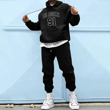 Men's Hoodies 2 Piece Set Autumn Sport Trouser Suit Long Sleeve Pullover Sweatshirts+Sweatpants Plus Size Letter Print Pant Sets 1