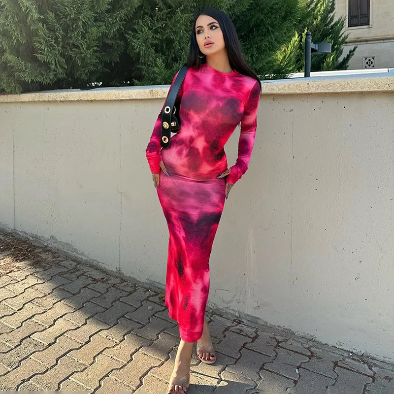 Spring and Summer New Women's Crew Neck Pullover Long-sleeved Dress Fashionable Tie-dye Tight Dress Street Spice Girl Long Dress
