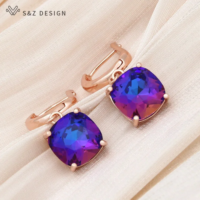 S&Z DESIGN New Fashion Classic Simple Square Crystal Drop Earrings 585 Rose Gold Color Eardrop For Women Wedding Jewelry Gift