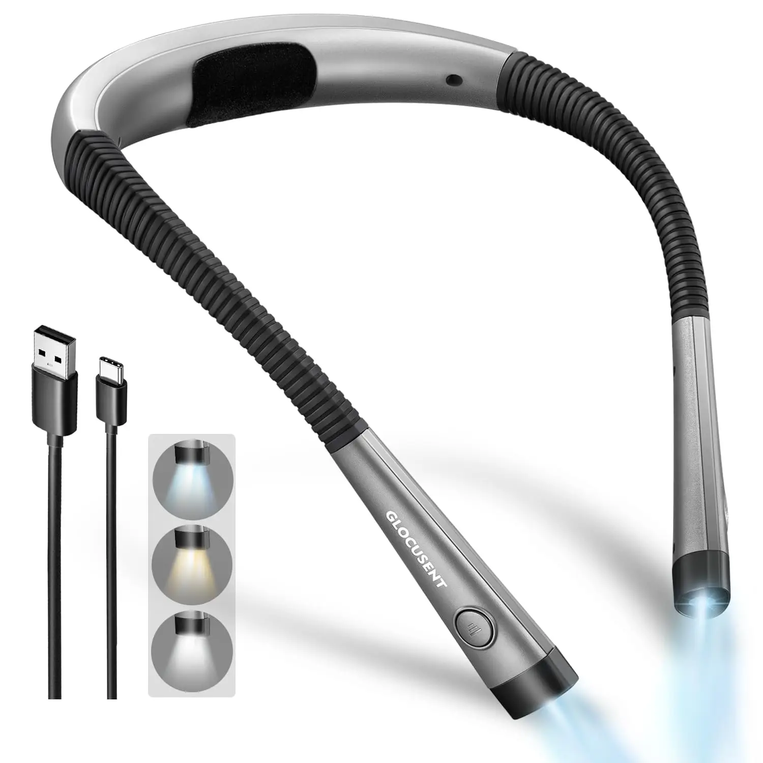 Glocusent Book Light 3-Color&6-Brightness Reading Bendable Neck Rechargeable for Reading in Bed