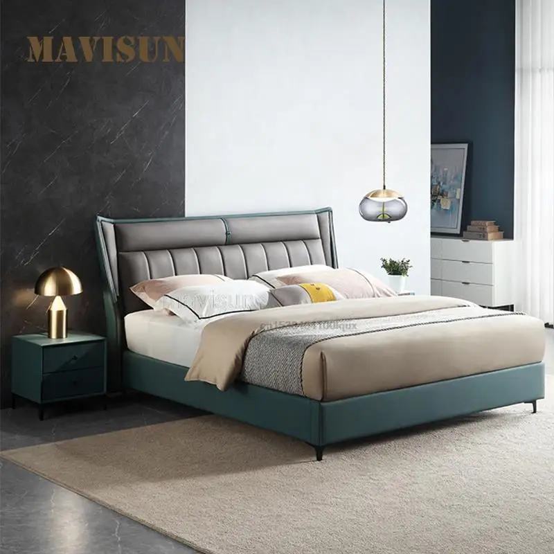 

Роскошная кожаная художественная Минималистичная кровать в итальянском стиле для спальни современная кожаная современная простая двойная кровать из массива дерева