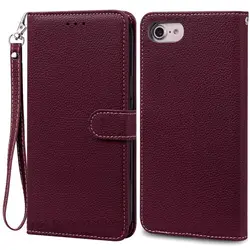 Leather Flip Wallet Phone Case - Soft Silicone Cover with Luxury Design for iPhone 7 (Wine Red - Strap)