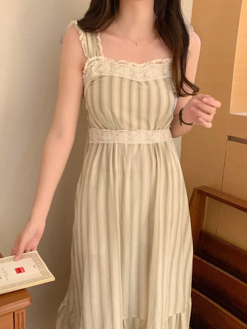 Lace Crochet Summer Nightgown Women Strapless Slash Neck Long Night Dress High Waist Elegant Backless Striped Sleepwear Cotton